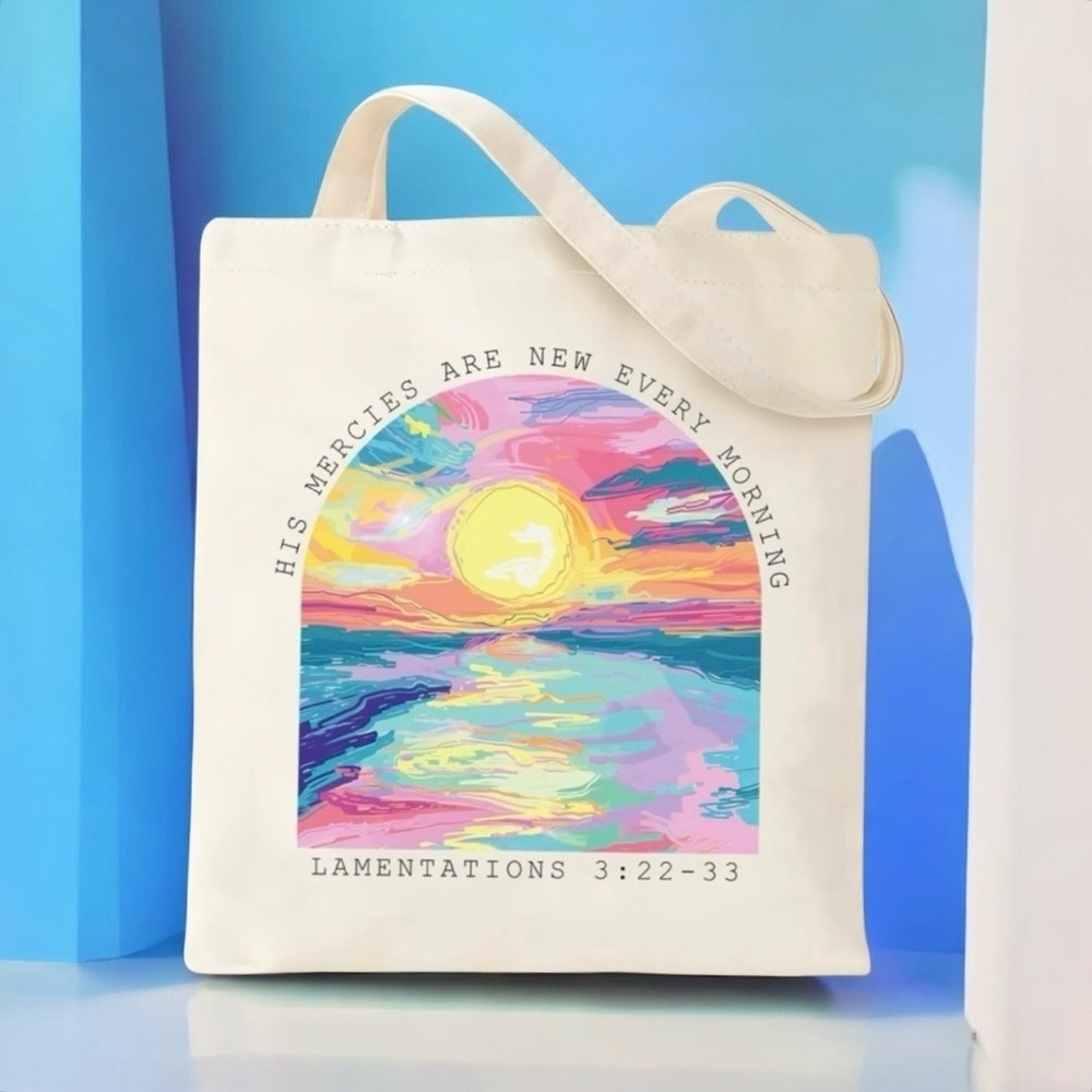 Christian Canvas Tote Bag with Colorful Sunrise Design, Interior Zip Pocket